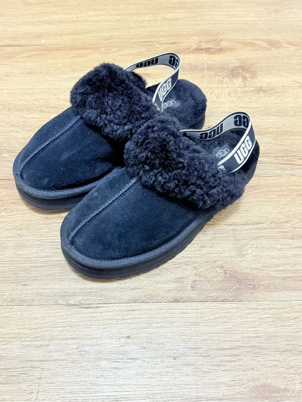 UGG Black Kids Suede Slip-On Slippers with Shearling Cuff